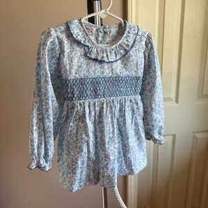 Sugar Plum Smocks Pastel Floral Toddler Dress with Blue Bloomers. Size 3t